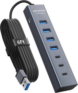 $29 6Ft 7-Port USB Hub 3.0 for Desktop, 4 USB-A & 3 USB-C Ports Aluminium 5Gbps USB Extender Hub, USB Splitter, USB Hub Long Cable for Desktop, PC, Flash Drive, Mobile HDD SSD, WindowsXPS