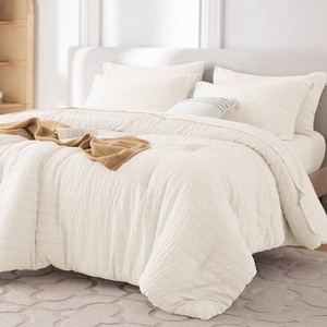 $60 7 Pieces Queen Comforter Set, Seersucker Bed in a Bag Queen Size, All Season Luxury Bedding Set with Comforter, Flat Sheet, Fitted Sheet, Pillowcases & Shams, Ivory