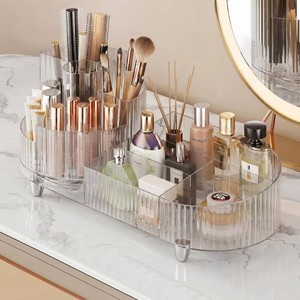 $26 Booklov Rotating Makeup Organizer for Vanity Countertop, Clear  Clear Acrylic Cosmetic Display Case, Large Beauty Brush Holder for Bathroom Counter, Skincare Lipsticks Storage
