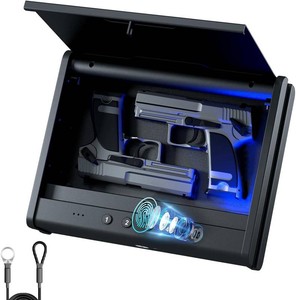 $60 Biometric Fingerprint Handgun Safe with Raised Backlit Keypad&Key  Interior Light & Emergency Power Supply& Voice Navigation & Mute Mode, With Cable For Home, Nightstand, Car,Travel. Nice Gift