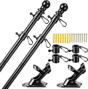 $46 Jetec 2 Pack Flag Poles for Outside Kit, 2 Pcs Heavy Duty Aluminum Pole Holder, 4 Ring Clips, 2 Flag Finials, 2 Mount Holder Bracket for Outside House Yard Porch Outdoor, Fits 3x5 Flags(Black,5ft)