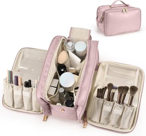 $30 HauteHues Travel Makeup Bag Womens Large Capacity Cosmetic Organize Pink  Upright Brush Holder Large Opening Open Flat Portable Waterproof PU Toiletry Case Free Standing Easy Access Vertical Storage