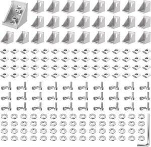 $23 30 Set 2020 Series Aluminum Extrusion Profile Connector Silver  Includes 30pcs 2028 Corner Bracket, 60pcs T-Slot Sliding Nuts & M5 Hex Screw Bolt, 1 Wrench for 20S Aluminum Rail Accessories