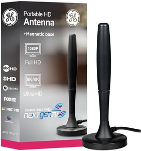 GE Portable HD TV Antenna, Indoor Digital Antenna for 1080p 4K 8K  VHF UHF Channels, 20 Mile Range, Magnetic Base, Compact Travel Design for RV, Camping, Tailgating, Black, 81843