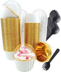 Free-Air Cupcake Liners with Dome Lids 100 Pack, Mini Muffin Baking Cups  3.5oz, White, Foil Paper Disposable Dot Cake Holders, Single Cupake Containers, Safe for Oven, Air Fryer, Fridge