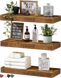 $20 QEEIG Floating Shelves for Wall Bathroom Shelf Bedroom Kitchen Living Room Hanging Book Shelves Small Farmhouse Decor 16 inch Set of 3, Rustic Brown (015-BN3)