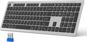 $30 TECKNET Bluetooth Keyboard Rechargeable 4-Device (2.4GBT) Free Switching  Multi-device Connection, Ultra-Slim, Numeric Pad, Quiet Full Size Wireless Keyboard for PCLaptopSmart TVPhone, 12 Hot Keys