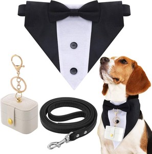 $20 3 Pcs Dog Wedding Collar Outfit Include Dog Tuxedo Attire Wedding Ring Bearer Ring Holder Pouch Box Adjustable Pet Neck Bow Tie with Leash