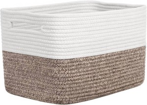 Storage Baskets for Organizing, 14 x 10 x 9 Closet Shelf Woven Baskets, Square Bins with Handles, Cotton Rope Basket for Clothes, Office, Room, WhiteDark brown 1 Pack
