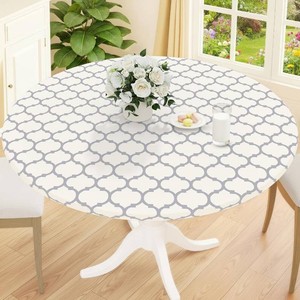 Smiry Round Picnic Tablecloth, Waterproof Elastic Fitted Table Covers for 36 - 44 Tables, Wipeable Flannel Backed Vinyl Tablecloths for Camping, Indoor, Outdoor, Beige & Grey