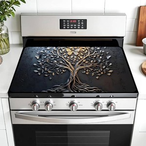 $23 Multi-Design Stove Top Cover for GlassElectric Stoves - 3-in-1 Heat-Resistant Protector Mat, Non-Slip Drying Rack 28x20 (Tree of Life - Black, 28 L x 20 W)