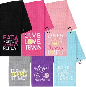 $22 6 Pcs Tennis Towels 24x16 Soft Microfiber Absorbent Sweat Tennis Hand Towels with Carabiner Clip Embroidered Prints Sports Gym Towel Accessory Gifts for Men Women Team Sport Players Hiking