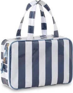 $23 Toiletry Bag for Women, White and Navy Stripe  Clear Coated,Waterproof,Multiple Compartment,Open Flat,Handle,Travel Organizer for Shampoo,Conditioner,Cosmetic Accessories