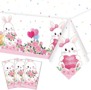 Jecery 3 Pack Bunny Birthday Party Decorations Tablecloth Rabbit Plastic Table Covers Spring Floral Pastel Bunny Party Decoration for Girls Birthday Easter Baby Shower Supplies Gifts