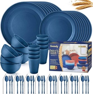$44 Wheat Straw Dinnerware Sets,64-Piece Plates and Bowls Sets for 8-Unbreakable,Reusable Plastic Dish Set-Dinner PlateDessert PlateCereal BowlCupUtensils-Microwavable Dishwasher Safe 64P-Deep Blue