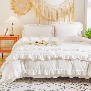 $49 White Ruffle Duvet Cover Set King Size Solid Color Ivory White Comforter Cover Farmhouse Boho Aesthetic Shabby Chic Bed for All Seasons Soft Lightweight Microfiber Bed with Zipper Closure