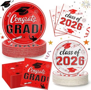 Red Graduation Plates and Napkins 2026, 9 Disposable Paper Plates 7 Dessert Plates, Red Congrats GRAD Class of 2026 Party Supplies Tableware Set for Graduation Party Decorations Serve 50 Guests