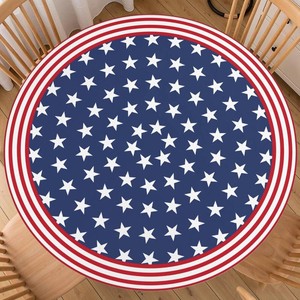 4th of July Round Fitted Tablecloth with Elastic Independence Memorial Day Patriotic Table Cloth Decorative Washable Red White Blue Star Stripe Table Cover Picnic Party Family Home for 44-48 Table