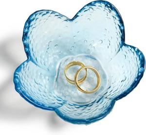 Blue Glass Ring Holder Dish, Cherry Blossom Decor Jewelry Trinket Tray, Small Trinket Bowl Gifts for Women