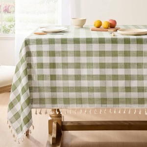 $21 Softalker Outdoor Checkered Tablecloth, Linen Cotton Gingham Table Cloths for 6 Foot Rectangle Tables with Tassel, Heavy Duty Wrinkle Free Plaid Table Cover for Picnic Camping - 55 x 84 Inch, Sage