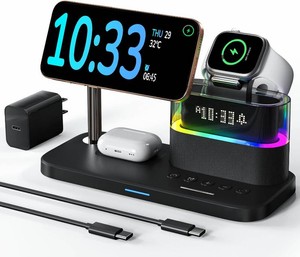 $40 5 in 1 Wireless Charging Station with Alarm Clock Night Light for Apple  Magnetic,Bedside Alarm Clock,Dimmable LED Light,3-in-1 Charger Stand for iPhoneWatchAir-Pods Multiple Devices