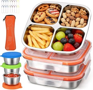 $30 Qtencas 3 Pack Stainless Steel Snack Containers for Kids with Sauce Cups, Utensil Bag, and Label Stickers, 4 Compartment Snack Containers, Lunch Box for Kids, Metal Bento Box for School Office Picnic
