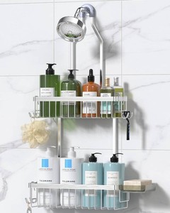 $28 Never Rust Shower Caddy Hanging, Aluminum Shower Racks for Inside Shower, 2-Tier Shower Organizer Hanging Over Shower Head with Hooks and Soap Holder, Silver