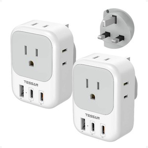 $32 TESSAN UK Travel Adapters PD 20W, 2 Pack Type G  4 Outlets 3 USB (2 USB-C), US to UK Ireland London Scotland England, Kenya Dubai Singapore Hong Kong