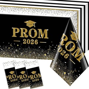 3Pcs Prom Decorations 2026 Graduation Tablecloths,Disposable Black and Gold Prom Send Off Table Cloth 54x108 Inch Grad Table Cover for College University Graduation Party Decorations Class of 2026