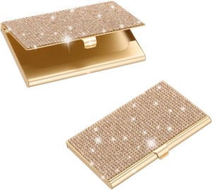 PATIKIL Bling Alloy Business Card Holder, 2Pcs Rhinestone Name Credit Card Organizer Bling Pocket Display for Women Office Exhibition, Gold Tone