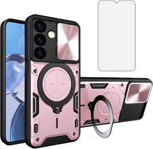 Asuwish Phone Case for Samsung Galaxy S24 Plus S24 5G Slide Camera Cover with Screen Protector and Ring Holder Stand Hybrid Mobile Cell Accessories S24plus 24S  S 24 24 Women Men Rose Gold