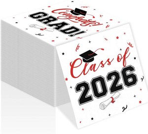 Class of 2026 Graduation Napkins, 3-Ply Disposable Congrats Grad Paper Napkins for Dinner and Cocktail Party Decorations, School and College, 6.5-Inch Square (100, Black Red)