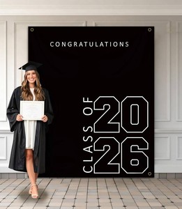 $20 Class of 2026 Graduation Banner 5X6feet - Large CONGRATS GRAD Polyester Banner, Photo Backdrop & Wall Decor for Commencement Party Supplies, Black and White Graduation Party Decorations for High School & College