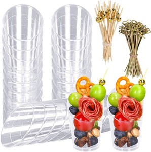 $27 Whaline 50 Set 2oz Mini Plastic Charcuterie Cups with Food Sticks Disposable Slanted Dessert Tasting Cups Clear Mini Cylinder Appetizer Cup for 2026 Graduation Party Wedding Events