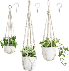 Mkono 3 Pack Macrame Plant Hangers Indoor Different Size Hanging Planter Basket Flower Pot Holder with Beads No Tassels 352923, Medium, Ivory