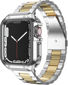 $21 Designed for Apple Watch Band and Case, Stainless Steel Metal Chain with TPU Cover, Smart-Watch Link Bracelet Strap, Wrist-Band for i-Watch Series 9 8 7 6 5 4 3 2 1 SE, 41mm 40mm 38mm, SilverGold