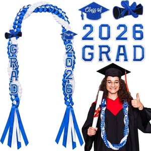 Suncalla 11 Pcs 2026 Graduation Leis Set Graduation Leis Class of 2026, Grade Braided Cords with Letters Card Patches Ribbon Lei Graduate Gift for High School Master College Grad Party(Blue White)