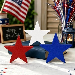 Red White and Blue Decorations for Office 3 PCS, 4th of July Patriotic Wooden Star Centerpiece Signs for Table, Fourth of July Memorial Independence Day Gift Decor for Indoor Home Mantel Tray Party