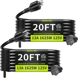 163 Black 20 FT (2Pack) Extension Cord Indoor for Appliances  Extension Cord 20FT 2Pc for Laptops, Coffee Makers, 3 Prong Small Resistant Cable Flexible, 13A 125V 1625W ETL Listed