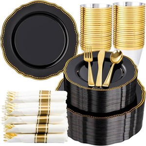 $70 350 Pcs Black and Gold Plastic Plates for Wedding & Party  Gold Plastic Dinnerware Set Includes 50 Dinner Plates, 50 Dessert Dinnerware, 50 Cups, 50 Rolled Napkin Cutlery