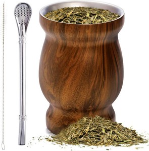 Cididu Yerba Mate Cup and Bombilla Kit, 8 oz Yerba Mate Gourd Set, Double Walled 304 Stainless Steel Classic Mate Cup with Bombilla Straw and Cleaning Brush, Easy to Clean, Brown