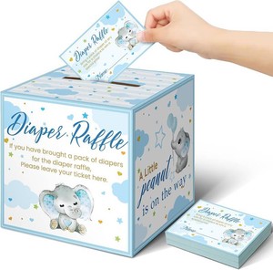 Teling 51 Pieces Diaper Raffle Tickets with Card Box,Blue Elephant  50 Raffle Cards with Holder, Gender Neutral Decor for Girl Boy Party Games, Collect Diapers
