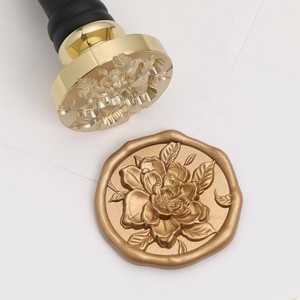 UNIQOOO 3D Embossed Relief Camellia Flowers Wax Seal Stamp with Wooden Handle, Floral Botanical Theme Vintage Brass Stamp for Wedding Invitation, DIY, Gift Wrap, Envelopes, Christmas Card