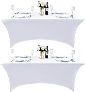 $22 2-Pack 8ft White Spandex Table Covers for Rectangle Folding Tables - Washable Elastic Tablecloth - Ultimate Fitted Table Protector for Birthday Parties, Trade Shows, Banquet