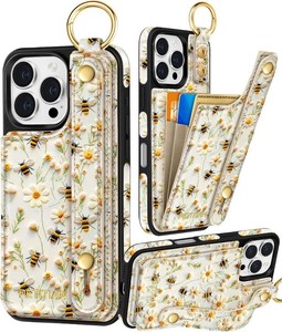 Petitian for iPhone 16 Pro Wallet Case for Women, Flower  Credit Card Holder, Wristband Strap, Leather Phone Cover, Cute Girly Aesthetic, RFID Blocking, Unique Design for Teen Girls
