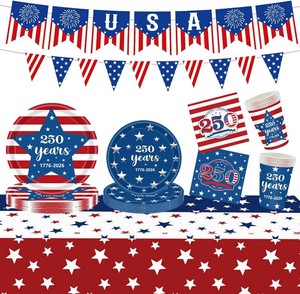 $21 250th Anniversary USA Merchandise, 4th of July Decorations, Patriotic Party Supplies for Independence Day, Tablecloth, Plates, Napkins, Cups, Banner for 4th of July, 24 Guests