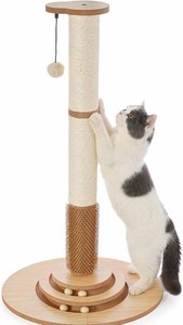 $57 Made4Pets Tall Cat Scratching Post for Indoor Cats with Self Groomer, 33.6  Tall Natural Sisal Scratching Post, Cat Scratcher with Stable Base and Interactive Ball Track for Adult and Large Indoor Cats