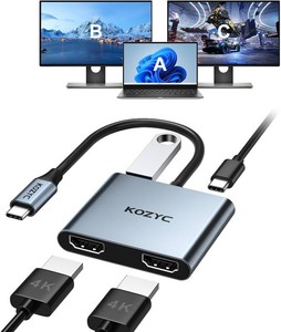 $26 USB C to Dual HDMI Adapter 4K30Hz, KOZYC USB C Hub Multiport Adapter with 2xHDMI, USB 3.0, 100W PD, Support USB C to HDMI Splitter Extended Display for MacBook Pro (MST is not Supported on MacOS)
