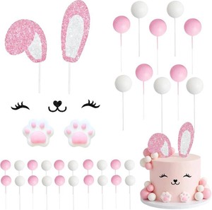 Bunny Cake Topper Birthday Party Supplies with Ear Foot Eye Nose Paws Ball for Bunny Rabbit Baby Shower Easter Rabbit)