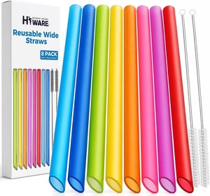 Angled Tips 8 Pcs Reusable Jumbo Wide Boba Straws & Smoothie Straws, Multi Colors Reusable Straw, BPA FREE Food-Grade Tritan Plastic Straw for Bubble Tea(Tapioca Boba Pearls) Milkshakes w 2 Brushes